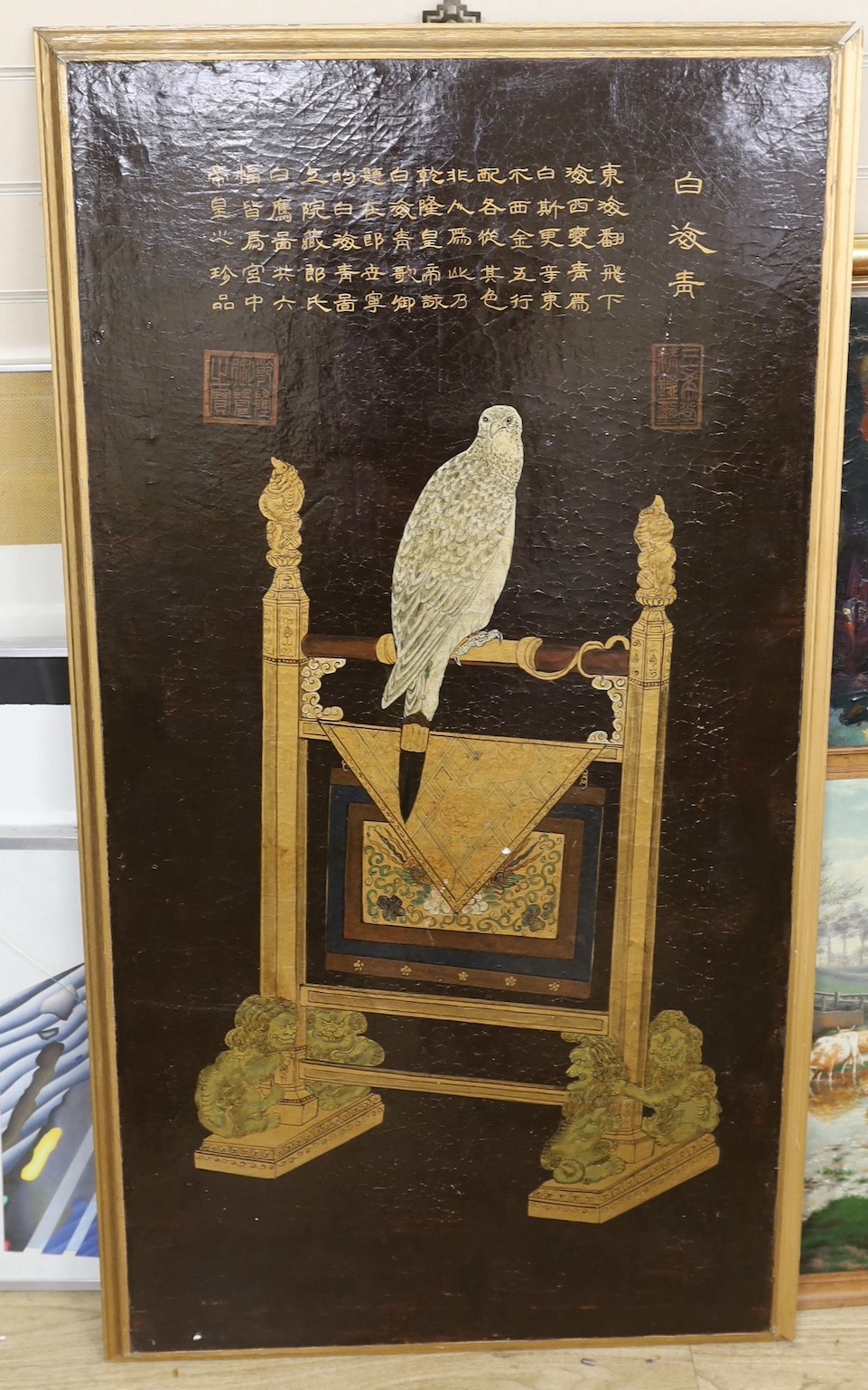 A Chinese lacquer panel, 121cms x69 cms.